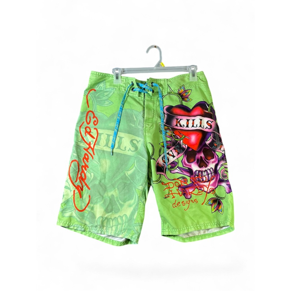 Ed Hardy Mens Lime Green Love Kills Slowly Skull Tattoo Print Board Shorts 32